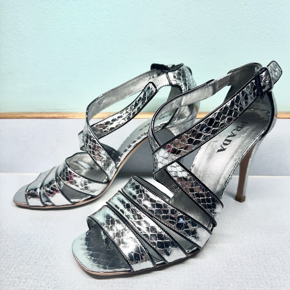 PRADA Silver Snakeskin Strappy Sandals Heels Size 38 (US 7.5) -Authenticated - Picture 13 of 16